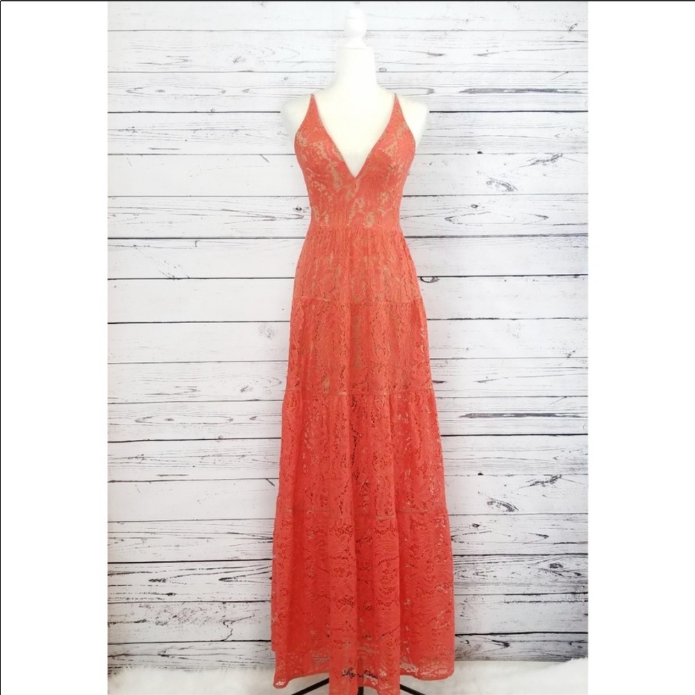 DRESS THE POPULATION Melina Orange Lace Dress